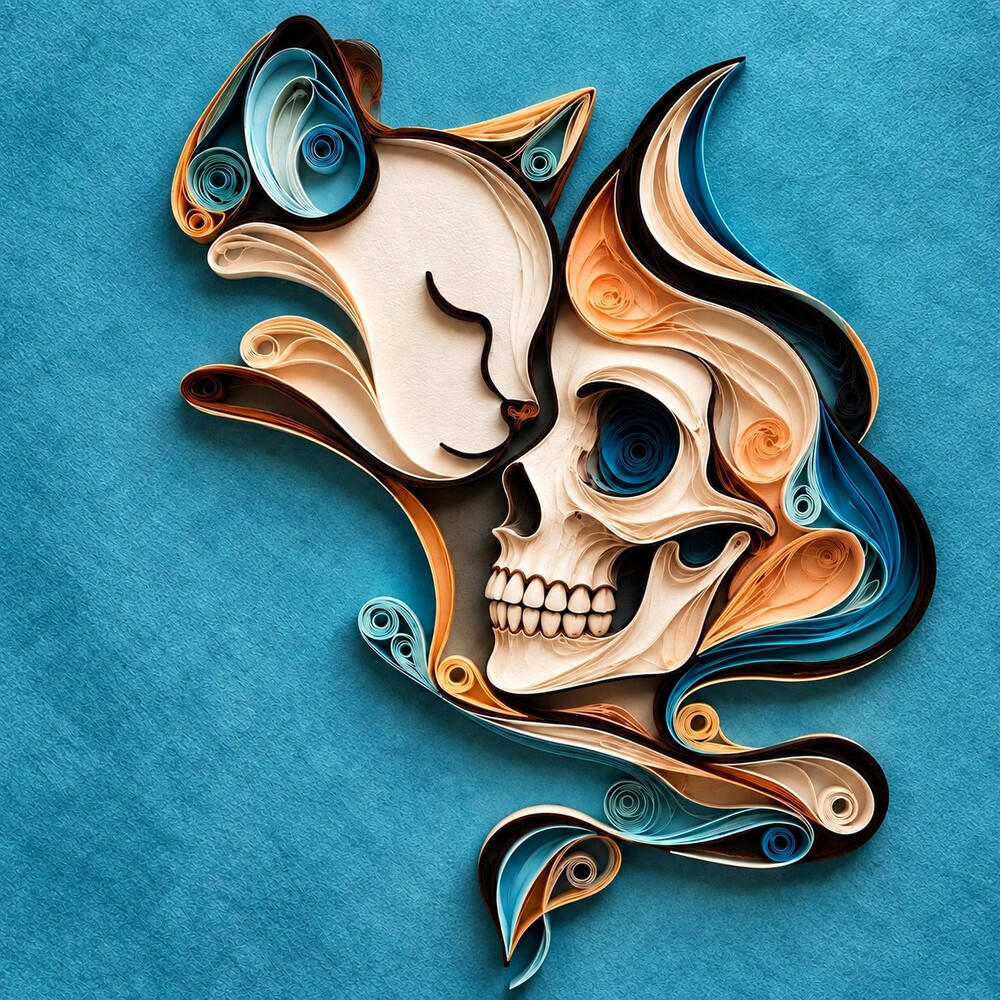 8x8 Framed Cat and Skull Blue Quilling Art Print
